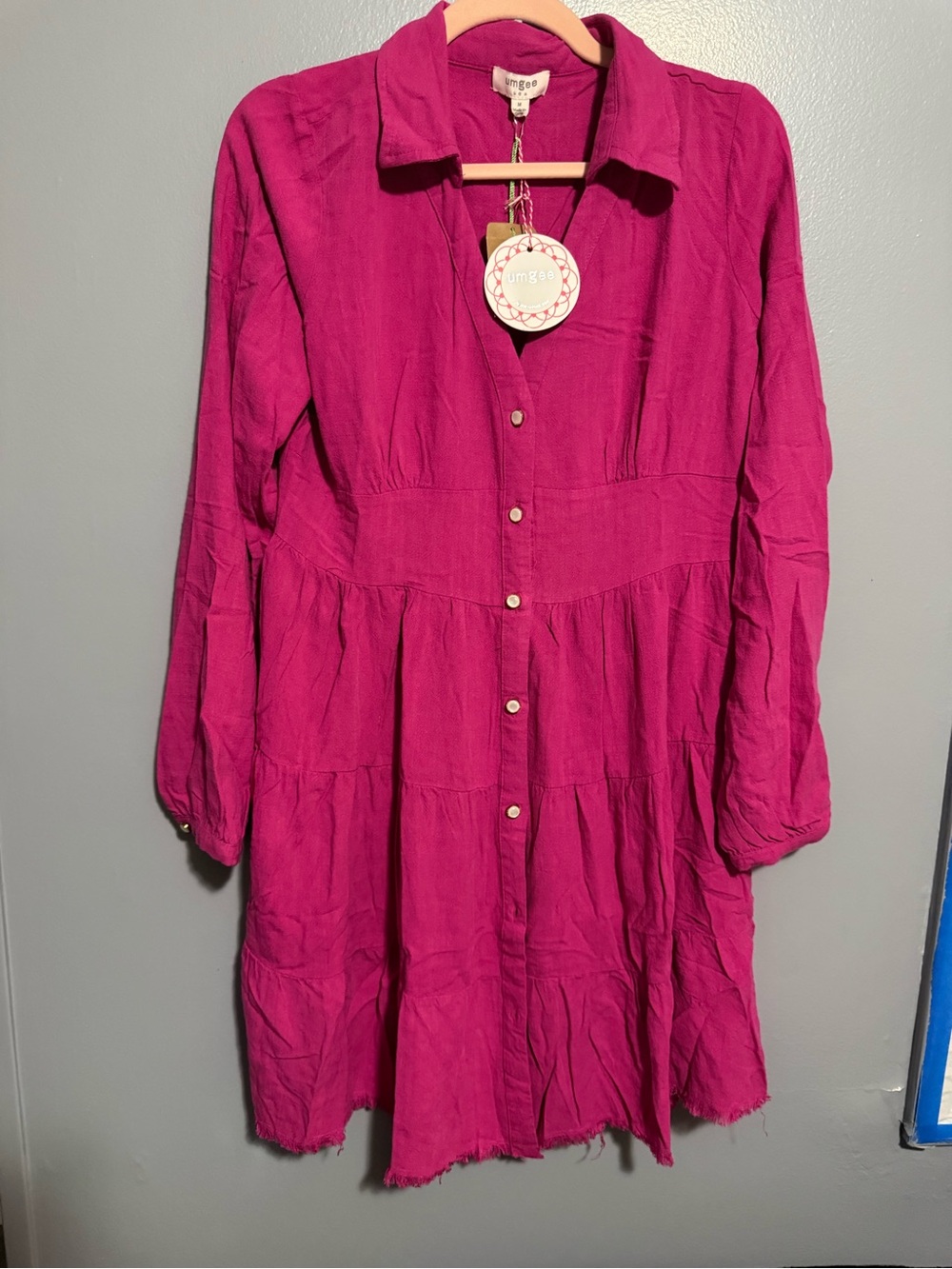 Umgee Fuchsia Button-Front Tiered Shirt Dress - Picture 2 of 5